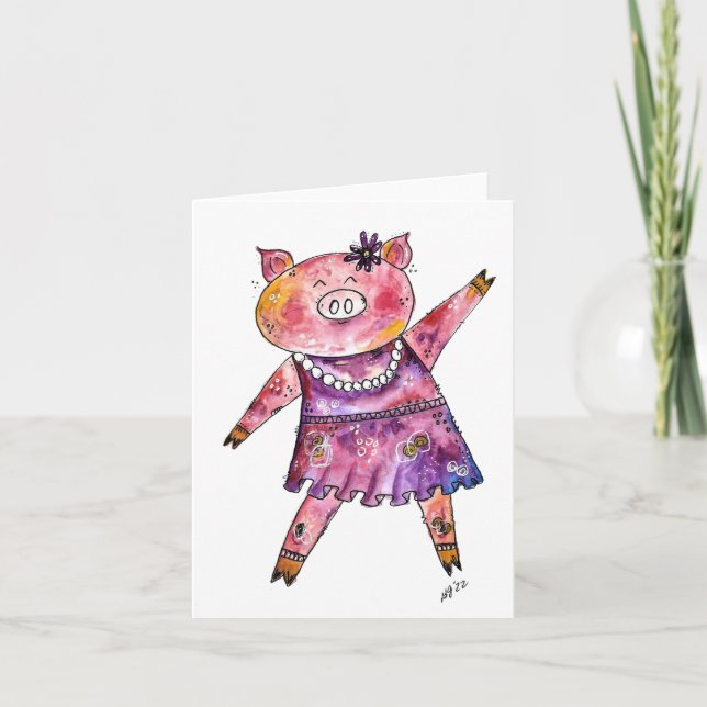 Cute Whimsical Dancing Pig Card (Front)