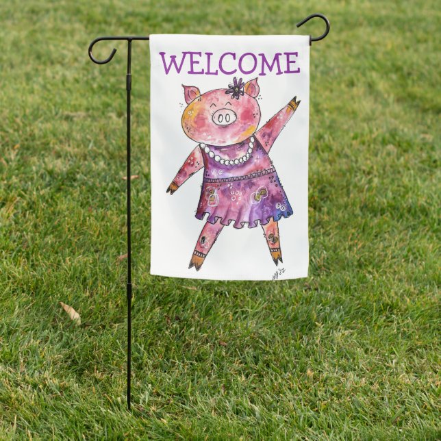 Cute Whimsical Dancing Pig Garden Flag (In SItu)