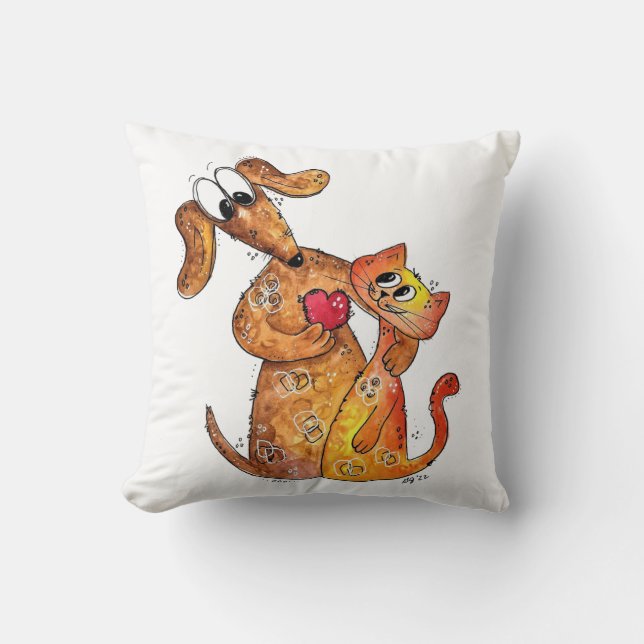 Cute Whimsical Dog and Cat Throw Pillow (Front)