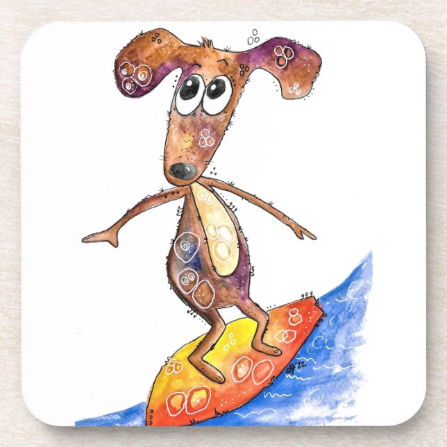 Cute Whimsical Dog on Surfboard Beverage Coaster (Front)