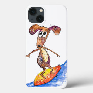 Cute Whimsical Dog on Surfboard iPhone 13 Case