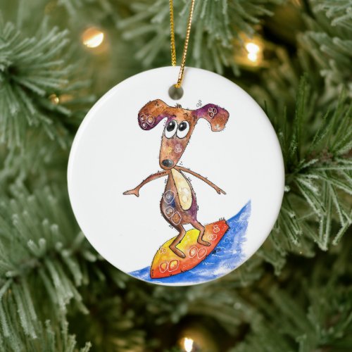 Cute Whimsical Dog on Surfboard Ceramic Ornament