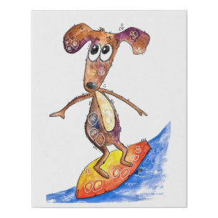 Cute Whimsical Dog on Surfboard Faux Canvas Print