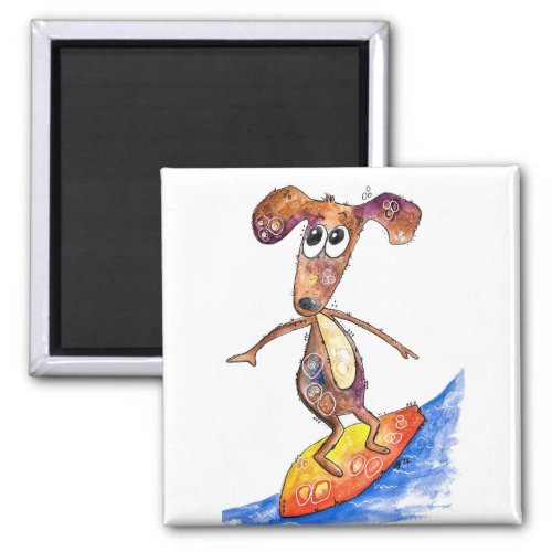 Cute Whimsical Dog on Surfboard Magnet