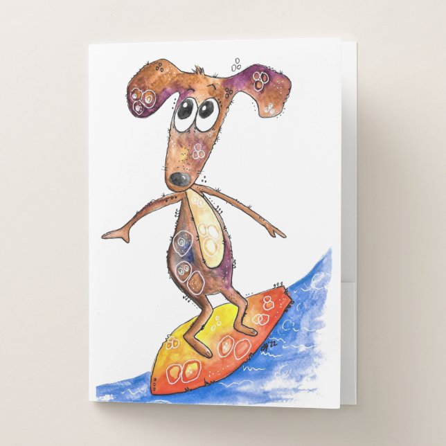 Cute Whimsical Dog on Surfboard Pocket Folder (Front)