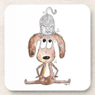 Cute Whimsical Dog with Cat on His Head Beverage Coaster