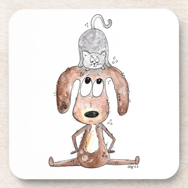 Cute Whimsical Dog with Cat on His Head Beverage Coaster (Front)