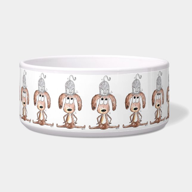 Cute Whimsical Dog with Cat on His Head Bowl (Front)