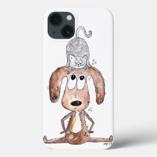 Cute Whimsical Dog with Cat on His Head iPhone 13 Case