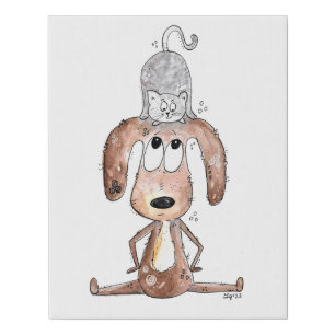 Cute Whimsical Dog with Cat on His Head Faux Canvas Print