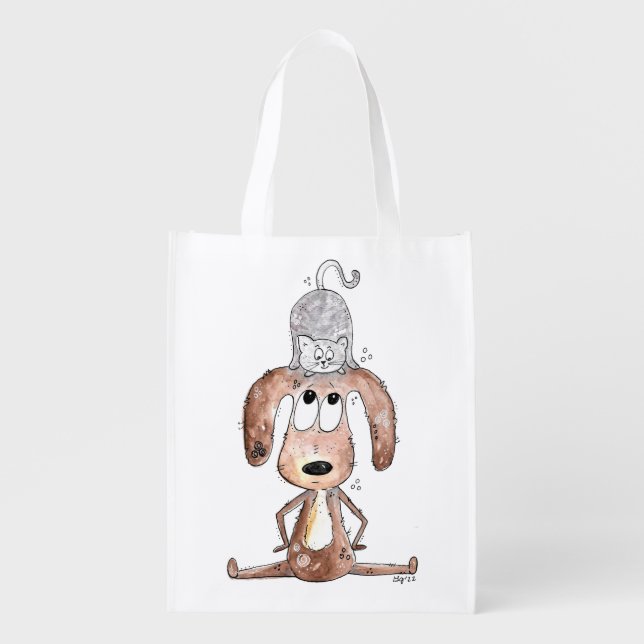 Cute Whimsical Dog with Cat on His Head Grocery Bag (Front)