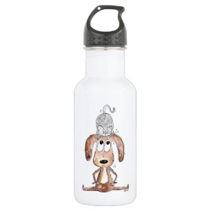 Cute Whimsical Dog with Cat on His Head Stainless Steel Water Bottle