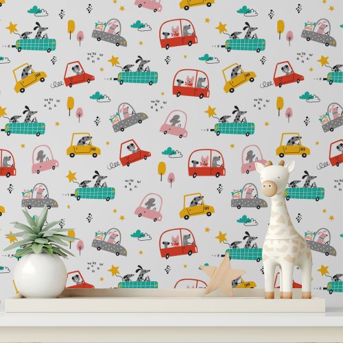 Cute Whimsical Dogs Cars Modern Kids Pattern Wallpaper