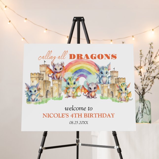 Cute Whimsical Dragons Castle Rainbow Birthday Foam Board (In Situ (Stand))