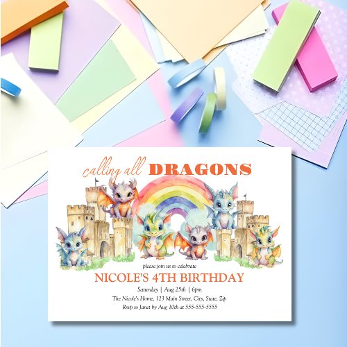 Cute Whimsical Dragons Castle Rainbow Birthday Invitation