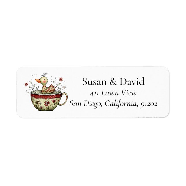 Cute Whimsical Duckling Teacup Wildflower Spring Label (Front)