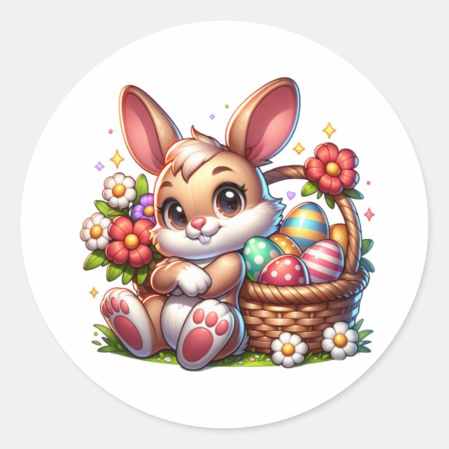 Cute Whimsical Easter Bunny with Basket Classic Round Sticker (Front)
