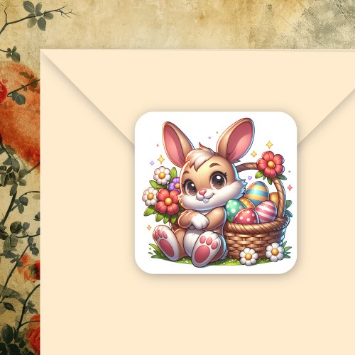 Cute Whimsical Easter Bunny with Basket Square Sticker