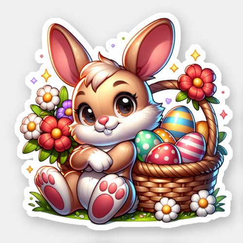 Cute Whimsical Easter Bunny with Basket Sticker