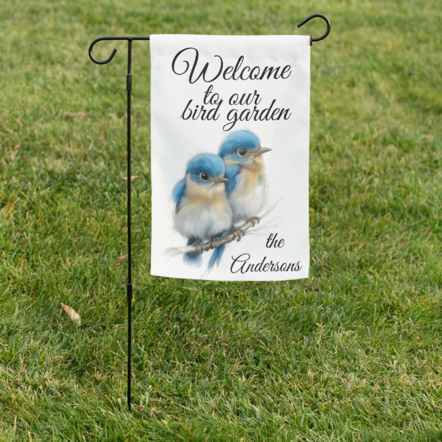 Cute Whimsical Eastern Bluebird Garden Flag (In SItu)