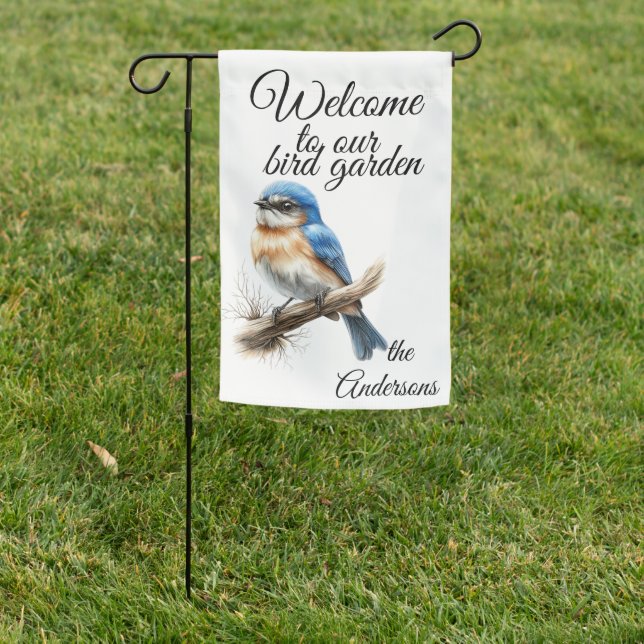 Cute Whimsical Eastern Bluebird Garden Flag (In SItu)