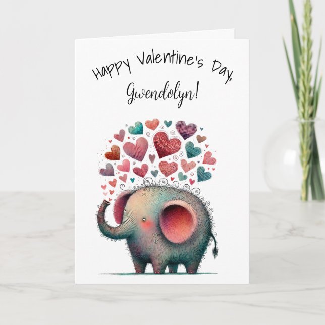 Cute Whimsical Elephant Happy Valentine's Day Card (Front)