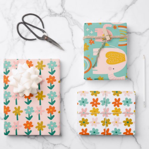 Cute Whimsical Elephants Flowers Blush Mint Spring Wrapping Paper Sheets