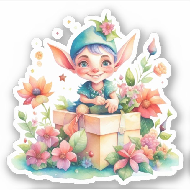 Cute Whimsical Elf Clause Christmas Sticker (Front)
