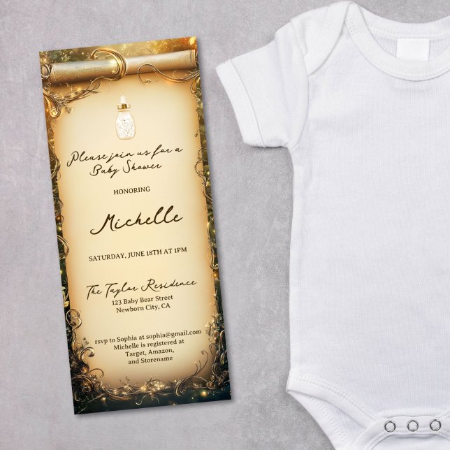 Cute Whimsical Enchanted Forest Scroll Baby Shower Invitation (enchanted forest with baby bottle, gold and green baby shower scroll invitation)