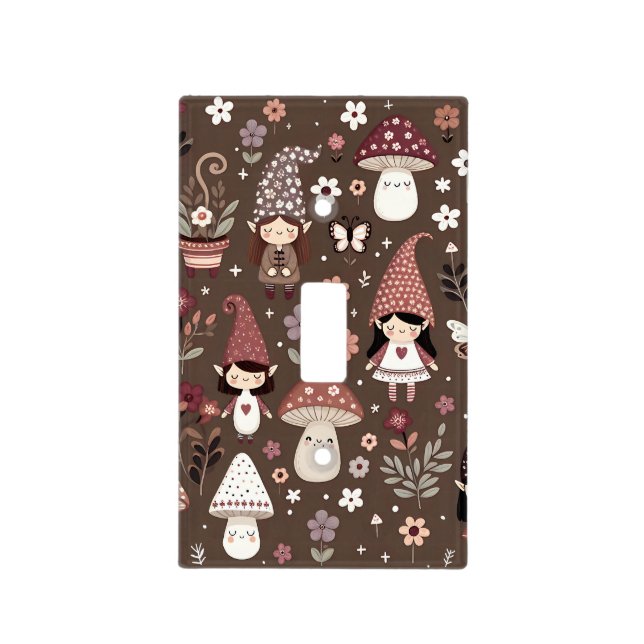 Cute Whimsical Fair Gnomes and Mushrooms  Light Switch Cover (Front)