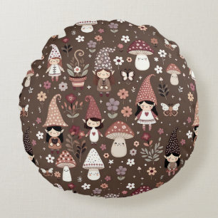 Cute Whimsical Fair Gnomes and Mushrooms  Round Pillow