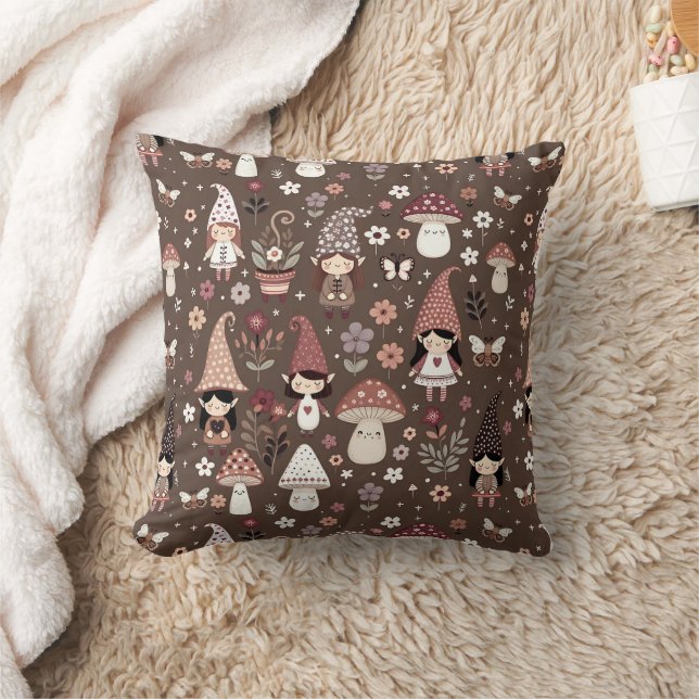 Cute Whimsical Fair Gnomes and Mushrooms  Throw Pillow (Blanket)