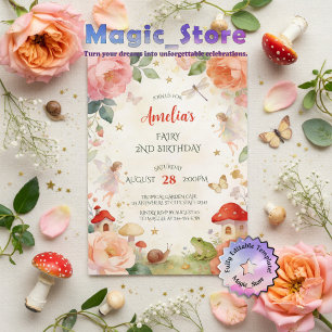 Cute Whimsical Fairy Garden Watercolor Birthday Invitation