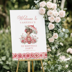Cute Whimsical Fairy Pink 4th Birthday Welcome Poster