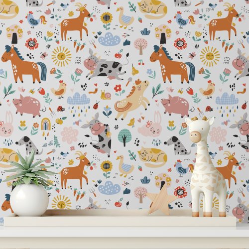 Cute Whimsical Farm Animals Modern Kids Pattern Wallpaper