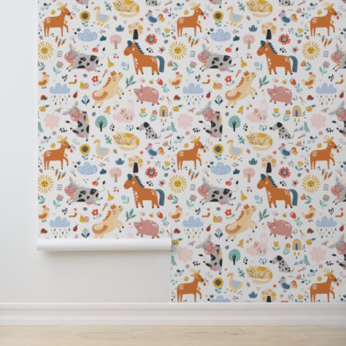 Cute Whimsical Farm Animals Modern Kids Pattern Wallpaper