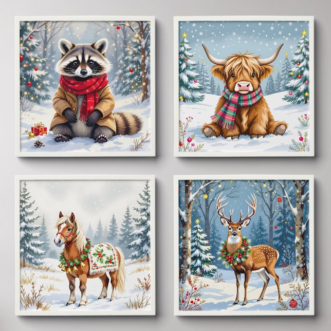 Cute Whimsical Festive Animals Christmas Peel And Stick Photo Tile (Front Set)