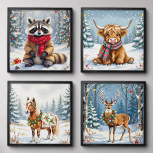 Cute Whimsical Festive Animals Christmas Peel And Stick Photo Tile