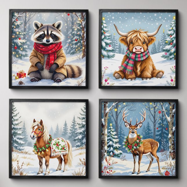 Cute Whimsical Festive Animals Christmas Peel And Stick Photo Tile (Front Set)