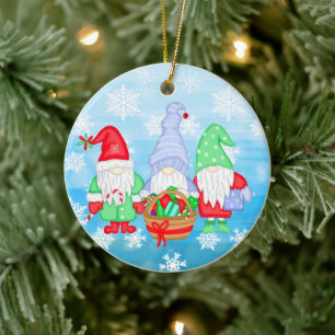 Cute whimsical Festive Christmas Gnomes Ceramic Ornament