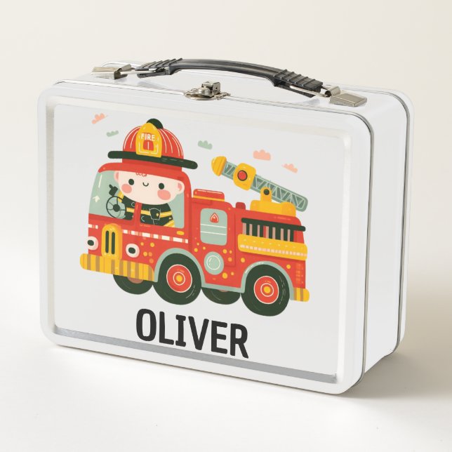 Cute Whimsical Fire Truck and Firefighter Boy Metal Lunch Box (Front)