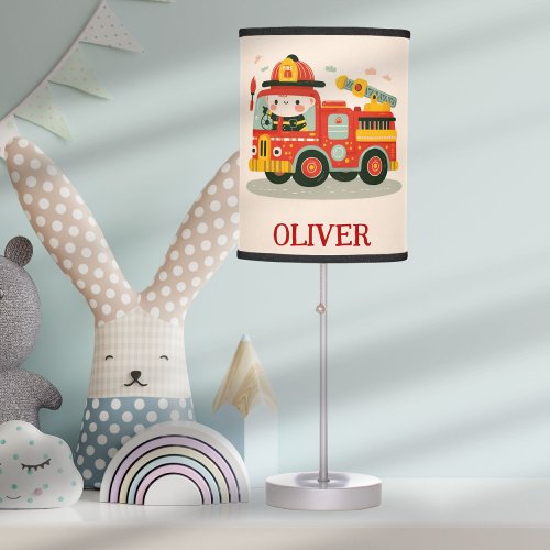 Cute Whimsical Fire Truck and Firefighter Boy Table Lamp