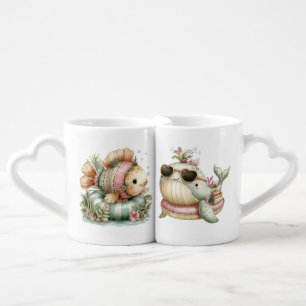 CUTE WHIMSICAL FISH & WHALE IN POOL INNERTUBE COFFEE MUG SET