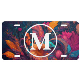 Cute Whimsical Floral and White Monogram Initial License Plate