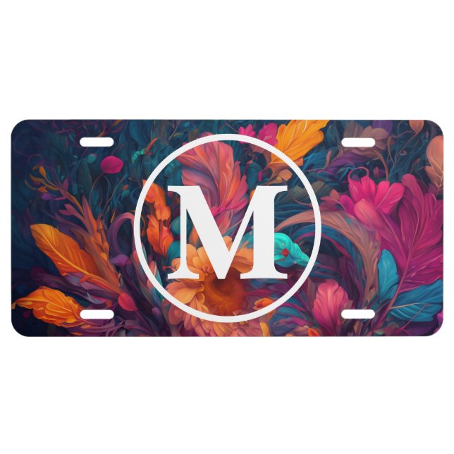Cute Whimsical Floral and White Monogram Initial License Plate (Front)