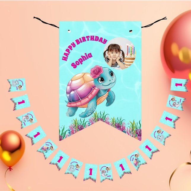 Cute Whimsical Floral Ocean Creatures Girly Photo Bunting Flags (Creator Uploaded)