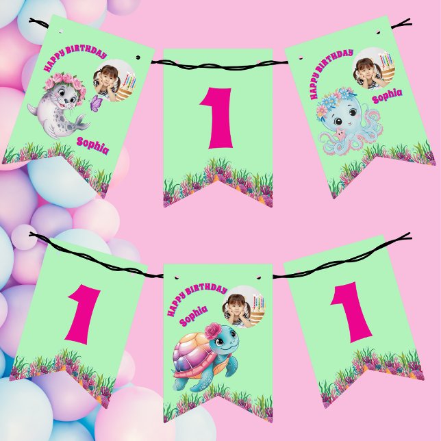 Cute Whimsical Floral Ocean Creatures Girly Photo Bunting Flags (Creator Uploaded)