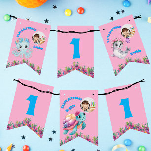 Cute Whimsical Floral Ocean Creatures Girly Photo Bunting Flags