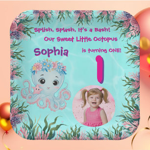 Cute Whimsical Floral Octopus Girly Birthday Paper Plates