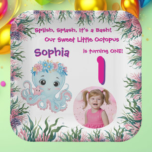Cute Whimsical Floral Octopus Girly Birthday Paper Plates